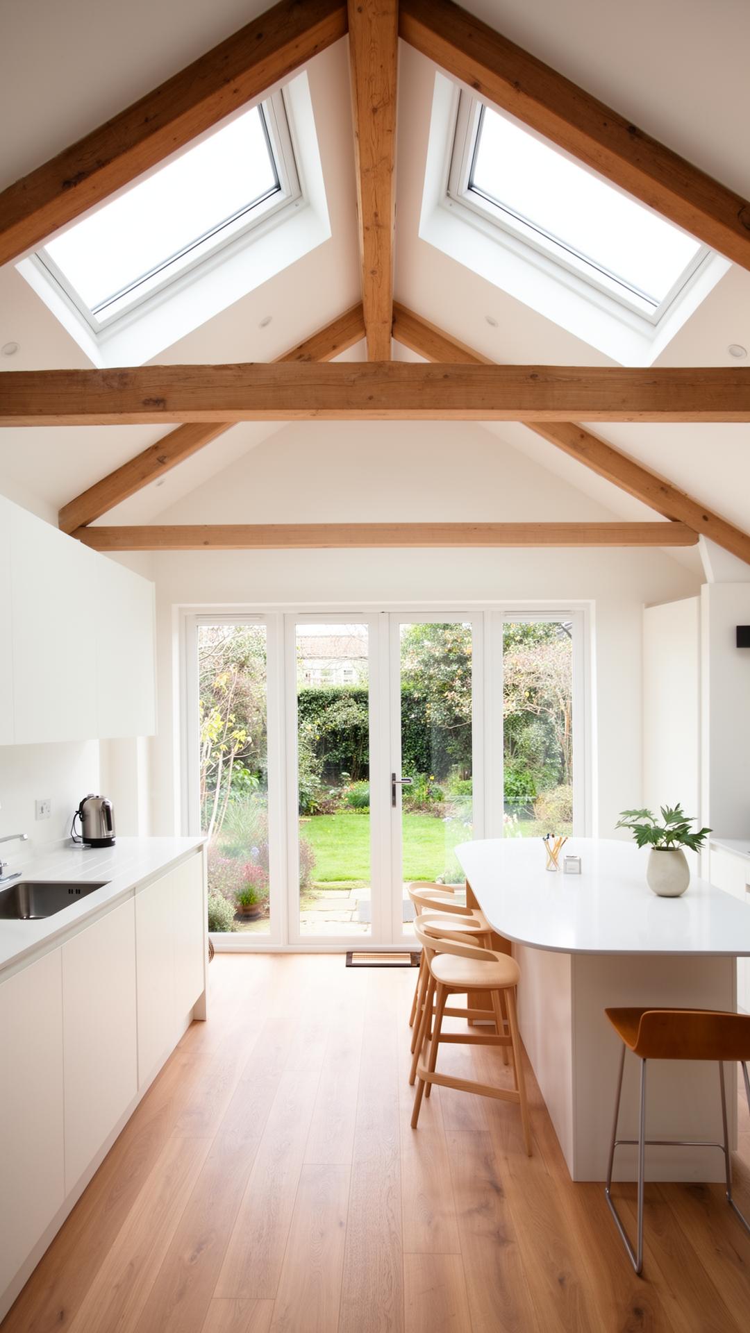 Bright vaulted kitchen extension with skylights and oak floors